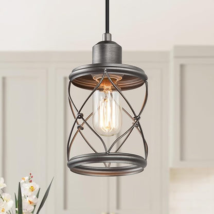 LOG BARN Farmhouse Cage Pendant Light Fixtures, Mini Rustic Industrial Hanging Pendant Lighting with Brushed Finish for Kitchen Island, Foyer, Hallway, Bedroom and Entryway