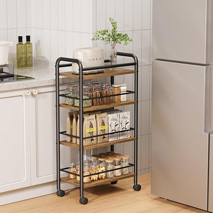 Asgolion Slim Storage Cart, 4-Tier Small Rolling Cart with Wheels, 9.1" Deep, Narrow Bathroom Shelf Trolley for Kitchen, Bathroom, Laundry Room, Rustic Brown Large 4-Tier (9.1" W x 33.6" H)