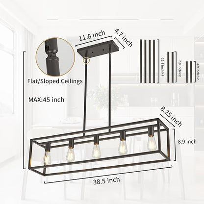 Kitchen Light Fixtures Farmhouse Rectangle Chandeliers Dining Room Light for Dining Rooms, Light Fixture Matte Oil Rubbed Bronze 5-Light Industrial Pendant Lighting