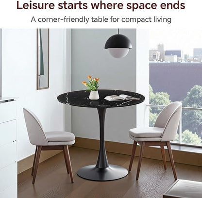 Round Dining Table 31.5" Faux Marble Black Tulip Table with Pedestal Base for 2-4 People Small Space - Kitchen Living Room Cafe