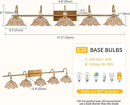 Vintage Bathroom Vanity Light, 5-Light Matte Brass Finish Vanity Light with Floral Amber Glass Shades, Retro Wall Mount Lighting for Bathroom, Living Room