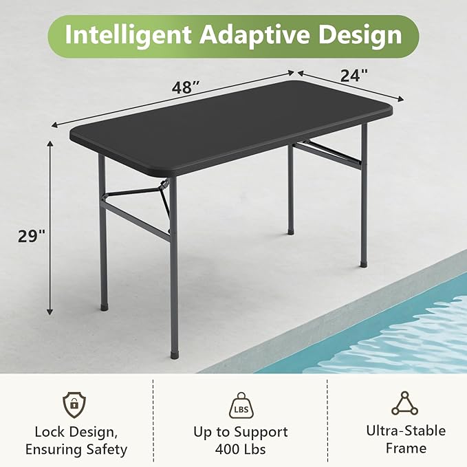 4ft Folding Table, Heavy Duty Plastic Card Table with Foldable Steel Legs, Metal Frame Support up to 400 lb, Portable for Indoor, Outdoor, Picnic, Camping, Dining, Party, Black