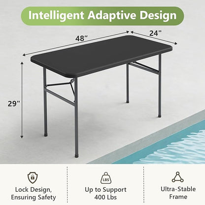 4ft Folding Table, Heavy Duty Plastic Card Table with Foldable Steel Legs, Metal Frame Support up to 400 lb, Portable for Indoor, Outdoor, Picnic, Camping, Dining, Party, Black