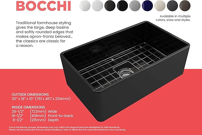 BOCCHI Classico Farmhouse Apron Front Fireclay 30 in. Single Bowl Kitchen Sink with Protective Bottom Grid and Strainer in Black