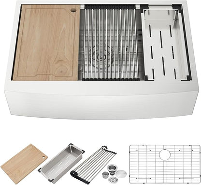 33 Farmhouse Kitchen Sink - 33x22 Inch Apron Front Farm Workstation Sink 16 Gauge Stainless Steel Single Bowl Deep Basin with Sliding Accessories