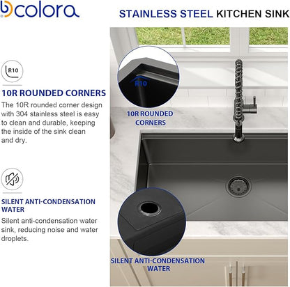 Dcolora 36 in. Black Undermount Kitchen Sink Workstation NANO-PVD Large Black Kitchen Sinks with Ledge Round Corner 16 304 Gauge Stainless Steel Single Bowl Basin, Gunmetal Black,36"x19"x10",DC-U7776