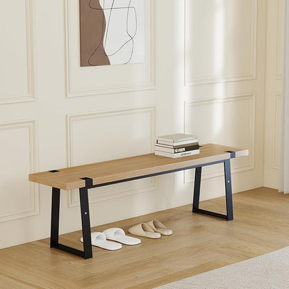 BESTANO Wooden Dining Bench 60” Industrial Table Benches, Seating Chair Rustic Indoor Benches, Mid Century Kitchen Bench with Metal Legs, Light Oak