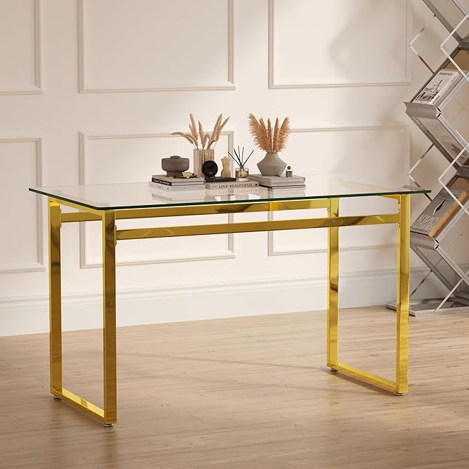 Goujxcy Glass Dining Table Modern 51'' Rectangle Kitchen Table for 4 with Tempered Glass Tabletop and Metal Legs for Kitchen, Dining Room, Restaurants (Gold)