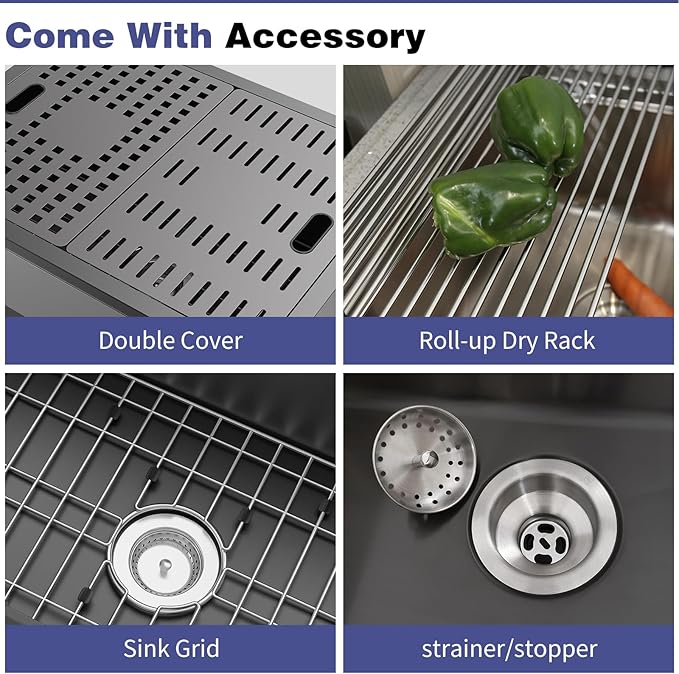 Black Kitchen Sink With Dual Cover,24"x18" Stainless Steel Undermount Single Bowl Kitchen Sink Built-in Ledge Drop In Workstation Sink Fully Covering Sink To Create Temporary Workspace/Drainage Area