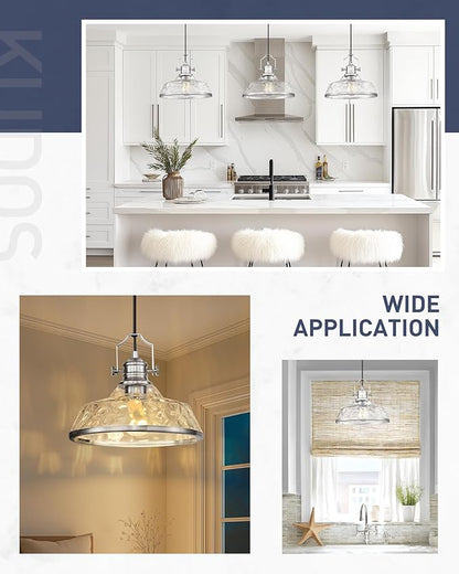 kudos Pendant Lights Kitchen Island, 11" Large Brushed Nickel Kitchen Island Lighting with Clear Hammered Glass Shade, Industrial Hanging Light Fixture for Kitchen Sink Dining Room, KDPL13-BN-H