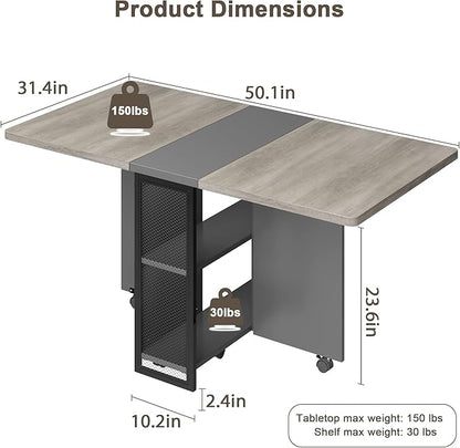 IDEALHOUSE FoldingTable, Drop Leaf Dining Table with 6 Wheels and 2-Layer Storage Shelf, Space Saving Table for Small Spaces (Slate Oak, 50.1" D x 31.4" W x 29.5" H)