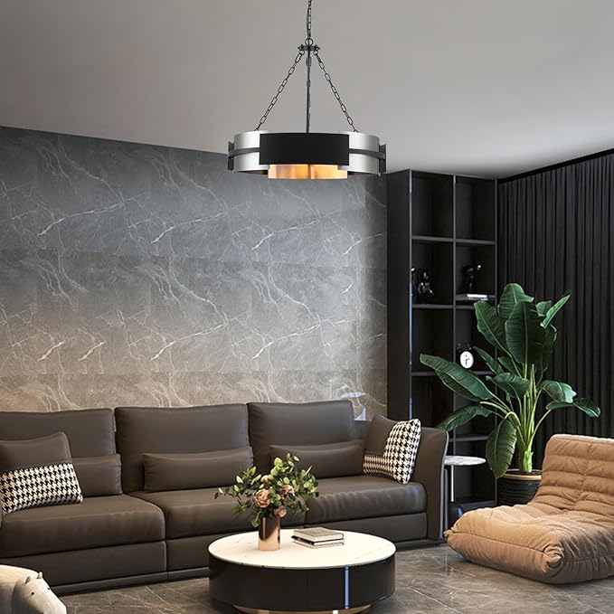 Modern Chandelier 26" Industrial Light Fixture Black and Brushed Nickel 5-Light Large Drum Pendant Lighting for Dining Room Kitchen Island Office Living Room