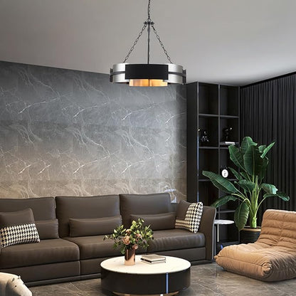 Modern Chandelier 26" Industrial Light Fixture Black and Brushed Nickel 5-Light Large Drum Pendant Lighting for Dining Room Kitchen Island Office Living Room