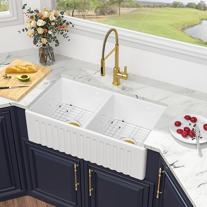 33 Double Bowl Farmhouse Sink - Kichae 33X20 Inch Kitchen Sink Reversible Apron Front Fireclay Ceramic Porcelain White Double Basin 50/50 Kitchen Sink