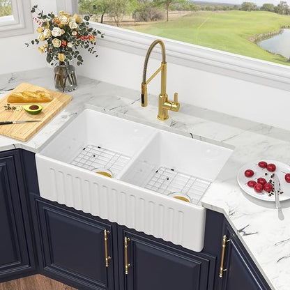 33 Double Bowl Farmhouse Sink - Kichae 33X20 Inch Kitchen Sink Reversible Apron Front Fireclay Ceramic Porcelain White Double Basin 50/50 Kitchen Sink