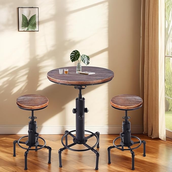 Kitchen Table Set, 3 Piece Pub Table Set, Modern Round bar Table and Stools for 2, Bistro Bar Height Table Industrial Bar Stools Height Adjustable Easy Assemble for Kitchen Dining