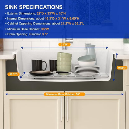 Dcolora 33 In. Quartz Drop In Kitchen Sink, White Workstation Single Bowl Topmount Sink, Granite Composite Build, 33" X 22" X 10" #DC-0002GWT