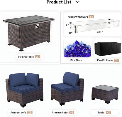 Kullavik 15PCS Outdoor Patio Furniture Set with 43" 55000BTU Gas Propane Fire Pit Table PE Wicker Rattan Sectional Sofa Patio Conversation Sets w/8 Coner Sofas,Navy Blue