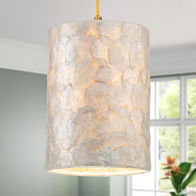 LumFurn D7inch 1-Light Capiz Shell Chandelier, Coastal Design Pendant Light Fixture for Dining Room, Living Room, Kitchen Island, D7 x H18~66"(Adjustable Height), Shell Lampshade & Gold Finish Frame