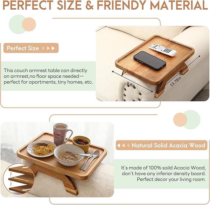 SINWANT Couch Arm Table,Acacia Wood Sofa Arm Rest Tray for Couch,13.78" Foldable Couch Armrest Tray Tables for Home Apartment Small Spaces