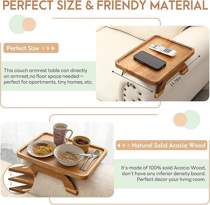 SINWANT Couch Arm Table,Acacia Wood Sofa Arm Rest Tray for Couch,13.78" Foldable Couch Armrest Tray Tables for Home Apartment Small Spaces