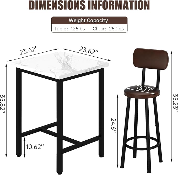 Recaceik 3 Piece Pub Dining Set, 24" Square Kitchen Table and Chairs Set with 2 PU Leather Upholstered Stools, Pub Table and Chairs Set for Breakfast Nook Living Room Small Space Restaurant