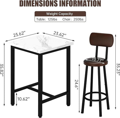 Recaceik 3 Piece Pub Dining Set, 24" Square Kitchen Table and Chairs Set with 2 PU Leather Upholstered Stools, Pub Table and Chairs Set for Breakfast Nook Living Room Small Space Restaurant