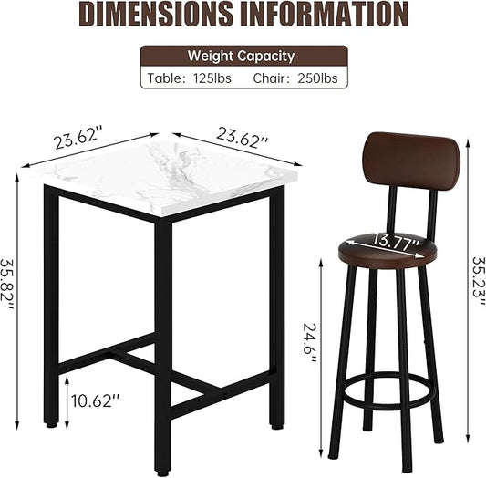 Recaceik 3 Piece Pub Dining Set, 24" Square Kitchen Table and Chairs Set with 2 PU Leather Upholstered Stools, Pub Table and Chairs Set for Breakfast Nook Living Room Small Space Restaurant