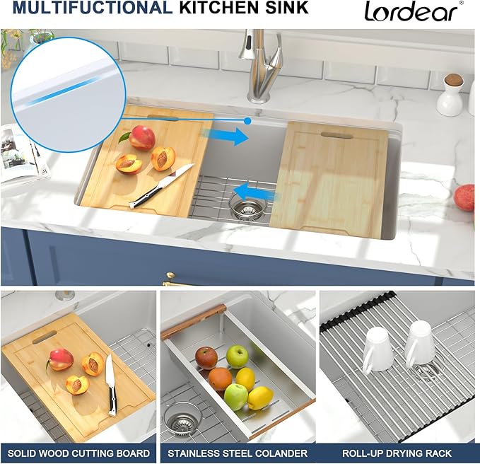 Lordear 32 Granite Composite Kitchen Sink Undermount 32"x19" White Kitchen Sink Deep Single Bowl Under Counter Workstation Sinks with Accessories