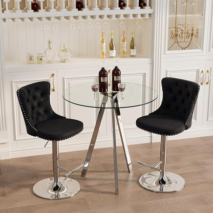 yeag 31.5'' Modern Round Glass Bar Table Set for 2, Luxury Silver Bistro Pub Table & 2 Adjustable Metal Bar Stools Velvet Swivel Counter Height Stools (Silver Metal Legs, Clear Top + Black Chair)