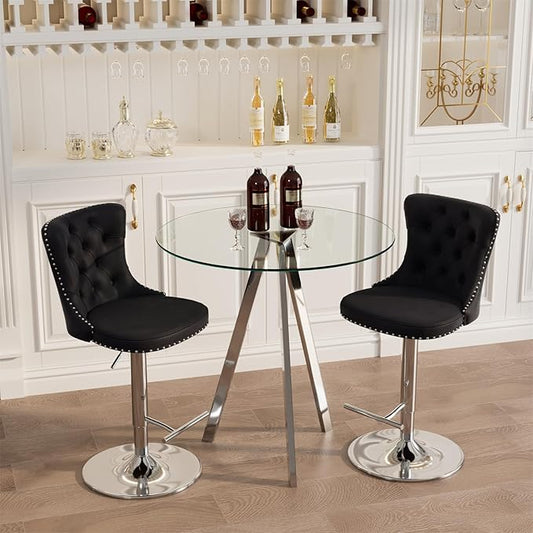 yeag 31.5'' Modern Round Glass Bar Table Set for 2, Luxury Silver Bistro Pub Table & 2 Adjustable Metal Bar Stools Velvet Swivel Counter Height Stools (Silver Metal Legs, Clear Top + Black Chair)