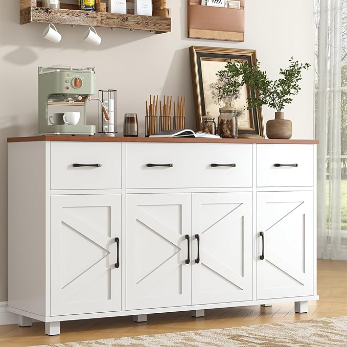 VVFLU 55" Sideboard Buffet Cabinet with Storage, Coffee Bar Cabinet with 3 Drawers and 4 Barn Doors, Long Storage Cabinet Modern Farmhouse, White Wood, for Kitchen, Dining Room, Living Room