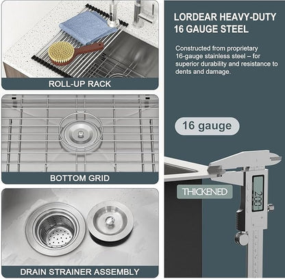 Lordear 21 Laundry Sink Stainless Steel 21" x 18" x 12" Undermount Sink Single Bowl 16 Gauge Stainless Steel Deep Laundry Room Utility Sinks 12 Inch Deep