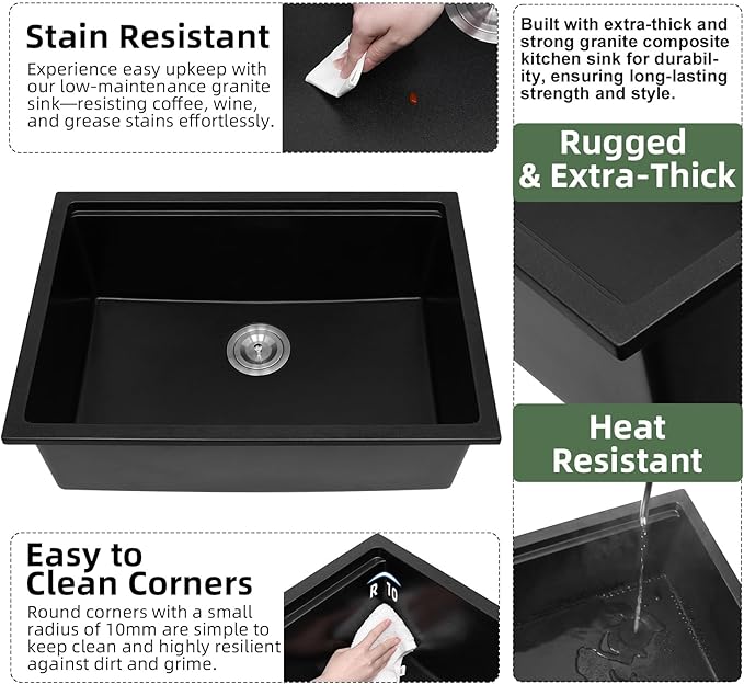 Davivy 27 Inch Black Granite Sink Workstation, 27 X 19 Granite Composite Kitchen Sink Undermount & Drop in, Deep Single Bowl with Accessories