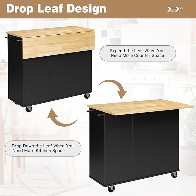 Shintenchi Kitchen Island with Folding Drop Leaf, Rolling Island Table with Storage, Kitchen Cabinet on Wheels with Seating Area for Kitchen, Bar Cart with Cabinet, Black