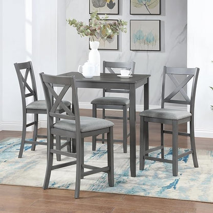 5 Piece Counter Height Dining Table Set for 4, Solid Wood Square Kitchen Table and 4 Upholstered Chairs, Modern Dining Room Table and Chairs Set for Kitchen and Dining Room, Gray