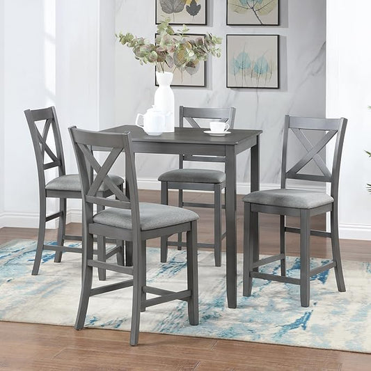5 Piece Counter Height Dining Table Set for 4, Solid Wood Square Kitchen Table and 4 Upholstered Chairs, Modern Dining Room Table and Chairs Set for Kitchen and Dining Room, Gray
