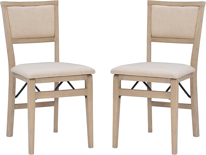 Linon Keira Natural Rustic Wooden Folding Chair with Beige Upholstered Seat and Back Set of 2