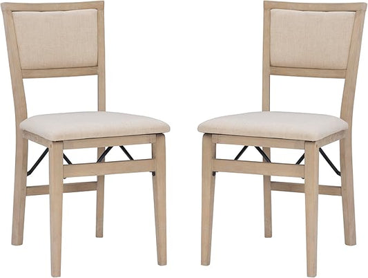 Linon Keira Natural Rustic Wooden Folding Chair with Beige Upholstered Seat and Back Set of 2