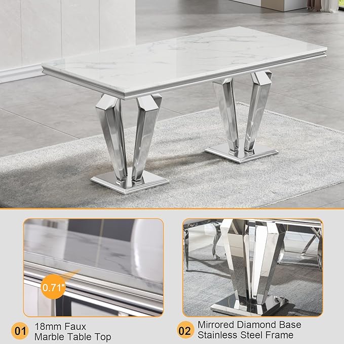Modern Dining Table for 6-8, 68 Inch White Marble Kitchen Table with Silver Mirrored Dimaond Design Legs, Luxurious Rectangular Faux Marble Dining Room Table for Dining Room,Living Room