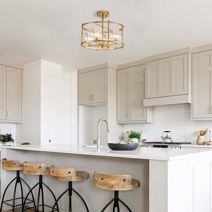 Modern Gold Chandeliers for Dining Room Over Table, Farmhouse Pendant Lighting Fixtures Drum Chandelier 4-Light Round Ceiling Lights