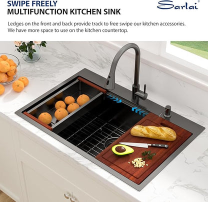 Sarlai 33 Black Kitchen Sink with Faucet- 33x22 Inch Drop In Kitchen Sink Gunmetal Black Ledge Workstation Sinks 16 Gauge Stainless Steel Single Bowl Topmount Sinks Basin with Pull-out Faucet