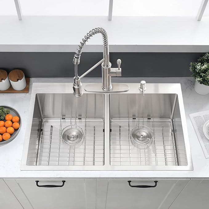33x22 Double Bowl Drop In Kitchen Sink - 16 Gauge Stainless Steel Top Mount Drop In Sink, 50/50 Split, Durable for Home Kitchen