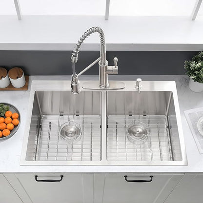 33x22 Double Bowl Drop In Kitchen Sink - 16 Gauge Stainless Steel Top Mount Drop In Sink, 50/50 Split, Durable for Home Kitchen