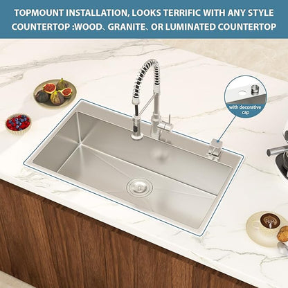 33 Inch Drop in Kitchen Sink 18 Gauge Stainless Steel 33x22 Single Bowl Brushed Handmade Topmount Kitchen Sinks Round Corner