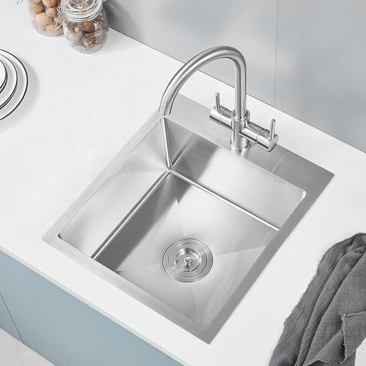 17 inch Drop in Kitchen Sinks - TSIBOMU 17x19 inch Single Bowl Single Hole Topmount Kitchen Sink, 18 Gauge Stainless Steel Handmade Small Kitchen Bar Sink, Brushed