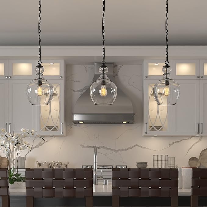 Henn&Hart 11" Mid-Century Modern Pendant Light Fixture with Clear Glass Dome Shade and 6' Adjustable Cord for Kitchen Island, Dining Room or Game Room, Blackened Bronze