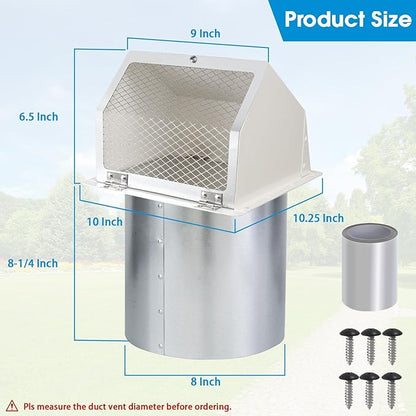 8 Inch Hooded Wall Vent with Screen and Damper,Outdoor Wall Exhaust Vent Cover Cap for Range Hood Kitchen HVAC Duct Dryer Ventilation and Outside Air Exhaust,Galvanized Steel Wall Mount Exhaust Vent