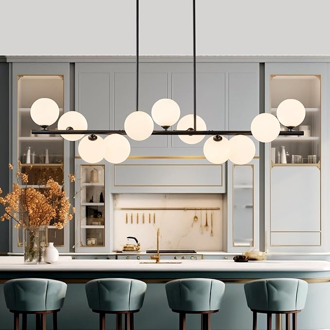 Linear Chandeliers for Dining Room,11 Light Globe Sputnik Chandelier with Milk White Glass 51inch Black Dining Room Light Fixture, Large Modern Chandelier for Kitchen Island