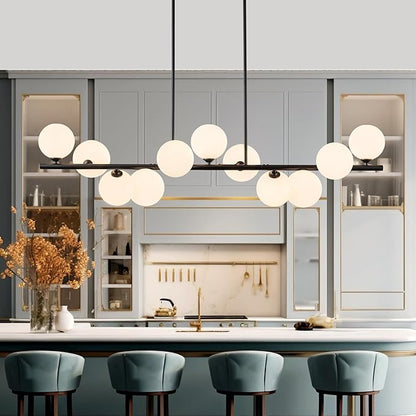 Linear Chandeliers for Dining Room,11 Light Globe Sputnik Chandelier with Milk White Glass 51inch Black Dining Room Light Fixture, Large Modern Chandelier for Kitchen Island
